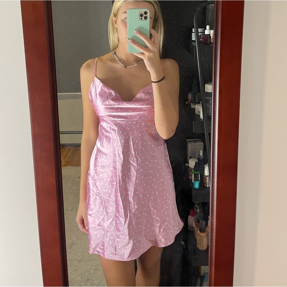 pink satin with white flower print